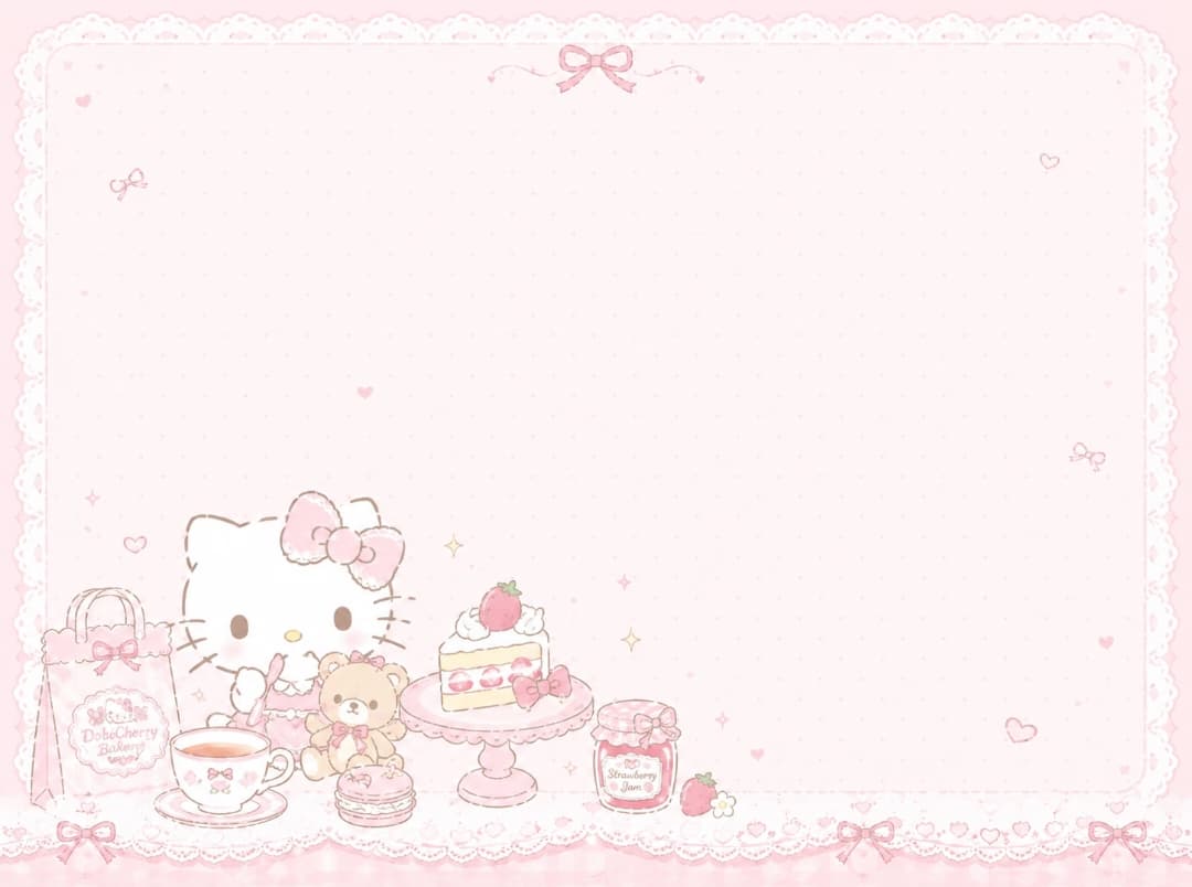 粉色蕾丝边框里的 Hello Kitty、草莓蛋糕和小熊茶会